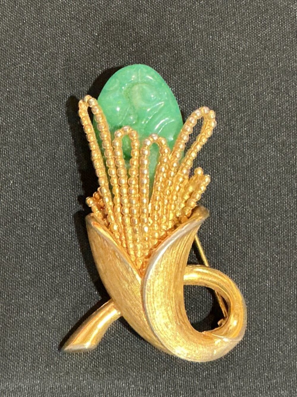Vintage Gold Tone Corn Brooch Green Glass Cabochon Figural Statement Pin